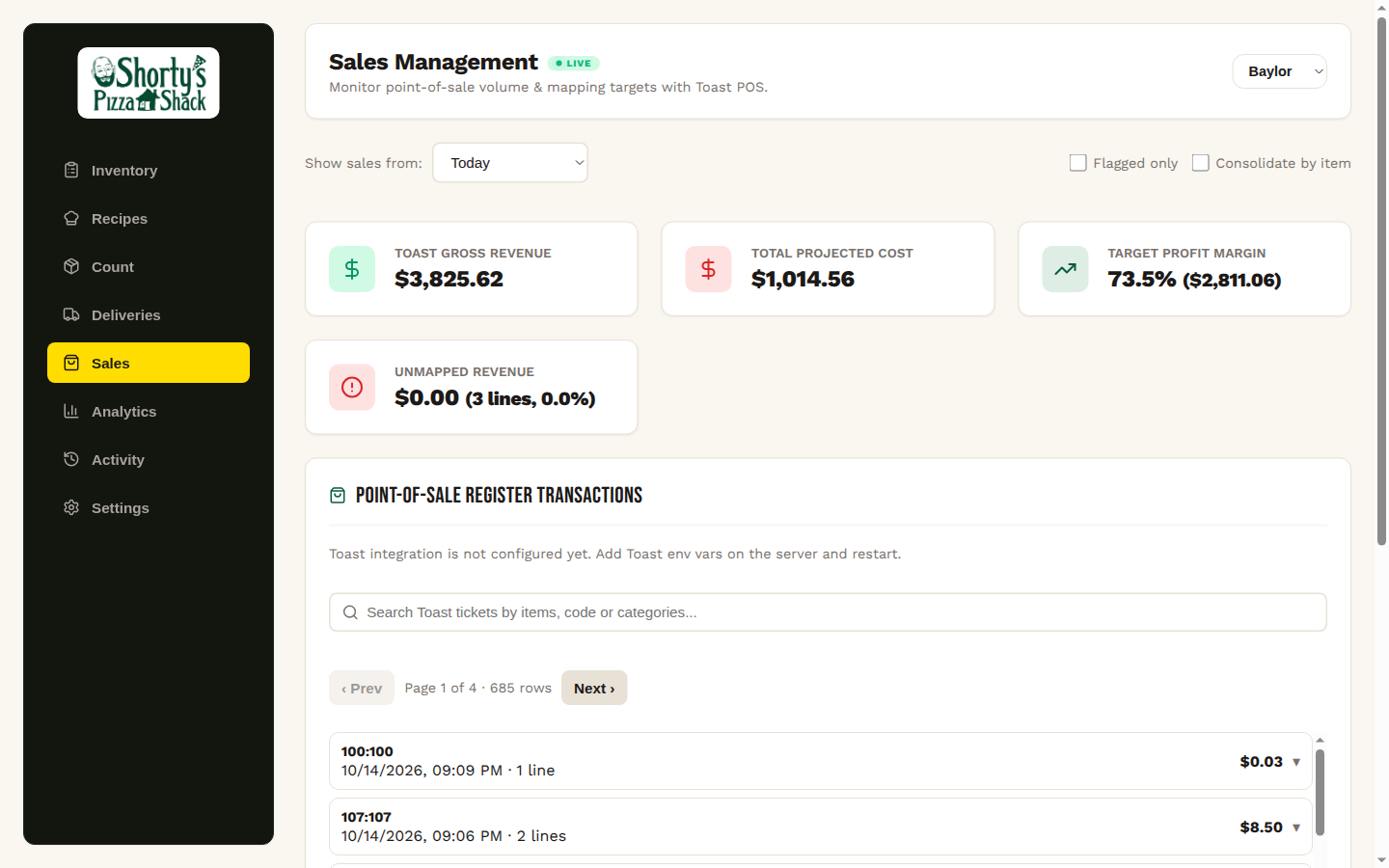 Sales register with Toast gross revenue, projected cost, and unmapped revenue tracking