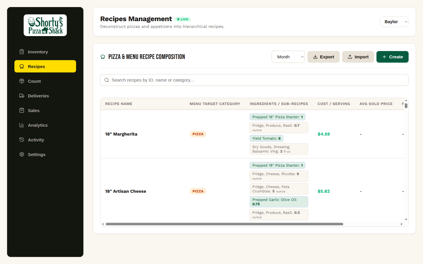 Recipe composition with nested sub-recipes and cost per serving